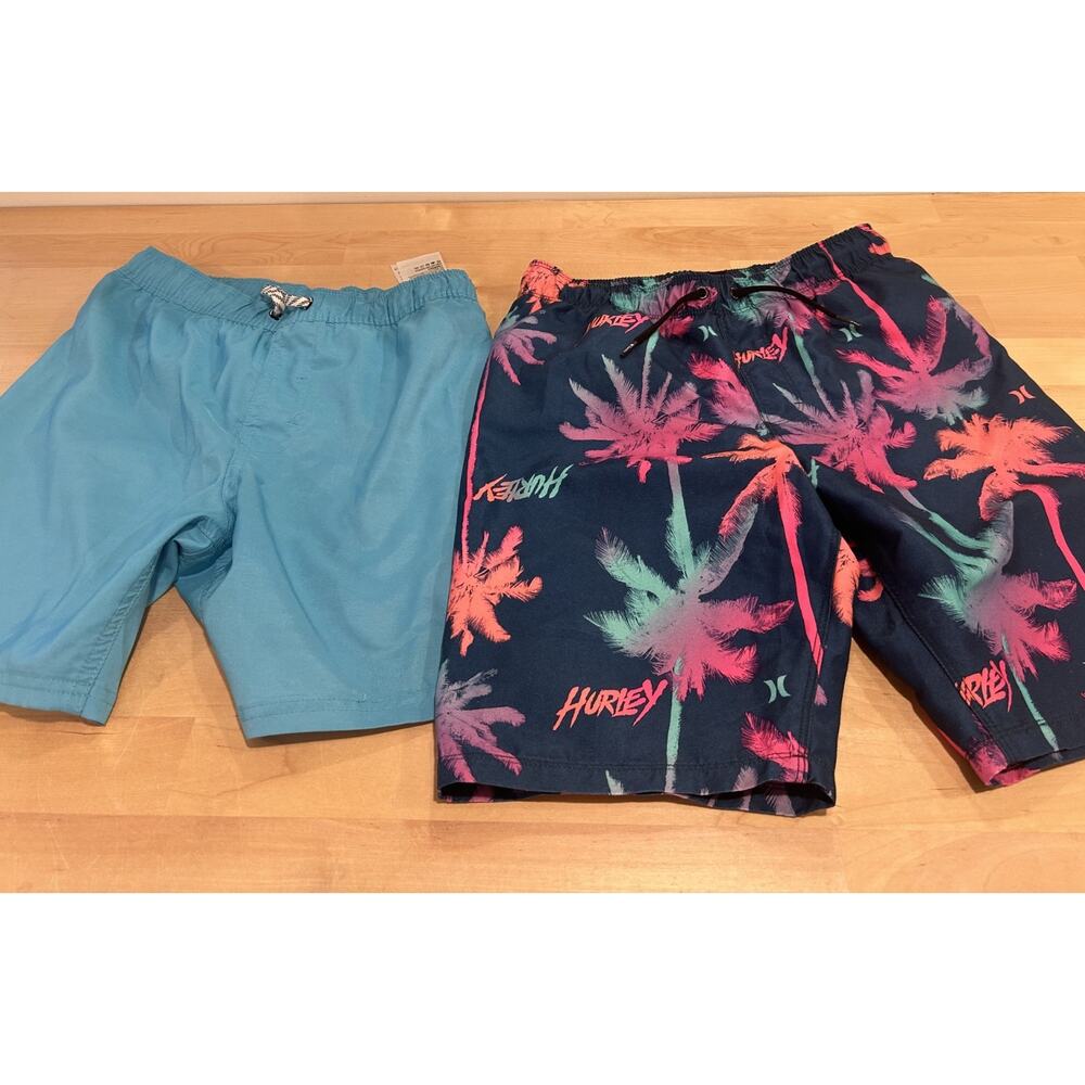 2 pair Hurley Boys M Swim Trunks Pink Blue Palm Trees Tropical sz M age 10/12